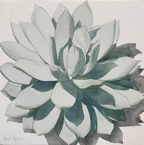 The "Little Nugget" watercolor painting by Heidi Rosner, features a succulent plant.