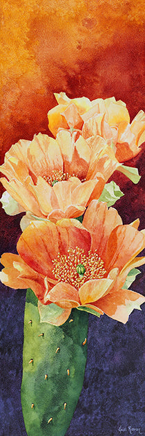 "Reaching for the Sun" is a watercolor painting by Heidi Rosner. The background is a gradient of dark purple to light yellow. The foreground features a prickly pear cactus with three large orange blooms. 