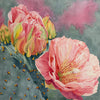 The watercolor painting Desert Blush. The painting features a prickly pear with a big pink flower
