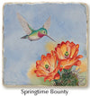 Springtime Bounty trivet by Heidi Rosner features a hummingbird feeding from a cactus flower