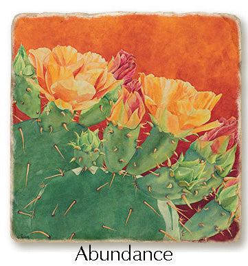 The "Abundance" coaster or trivet featured flat. The image is a watercolor painting of a prickly pear in bloom. 