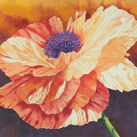 The "Brilliance" watercolor painting by Heidi Rosner. It features an orange poppy against a purple and yellow background.