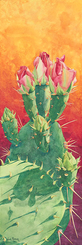 A watercolor painting by Heidi Rosner. It features a prickly pear pad with 6 flower buds, with 3 being in bloom. The background is a watercolor gradient of yellow to purple.