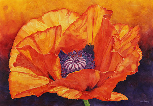 The "Centerpiece" watercolor painting by Heidi Rosner. It features an orange poppy flower against a watercolor gradient background (yellow to purple)