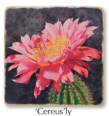 The "Cereusly" coaster and trivet featured flat. The image is a watercolor painting of a cereus cactus in bloom. 