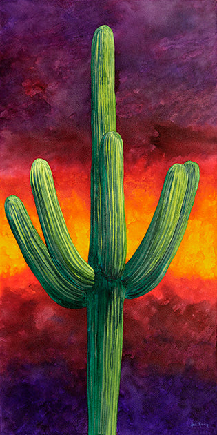 Colores De Mexico is a watercolor painting by Heidi Rosner. It features a mature saguaro cactus against a watercolor background. The background is a gradient of purple to magenta to yellow to magenta to purple.
