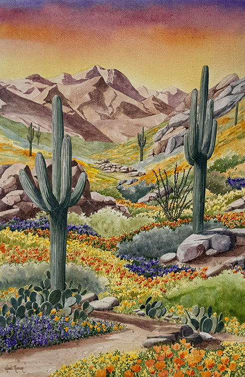 Desert Spring is a watercolor painting by Heidi Rosner. It features a desert landscape with saguaros, prickly pear, ocotillos, and wild flowers. The sky is a gradient of purple to yellow.