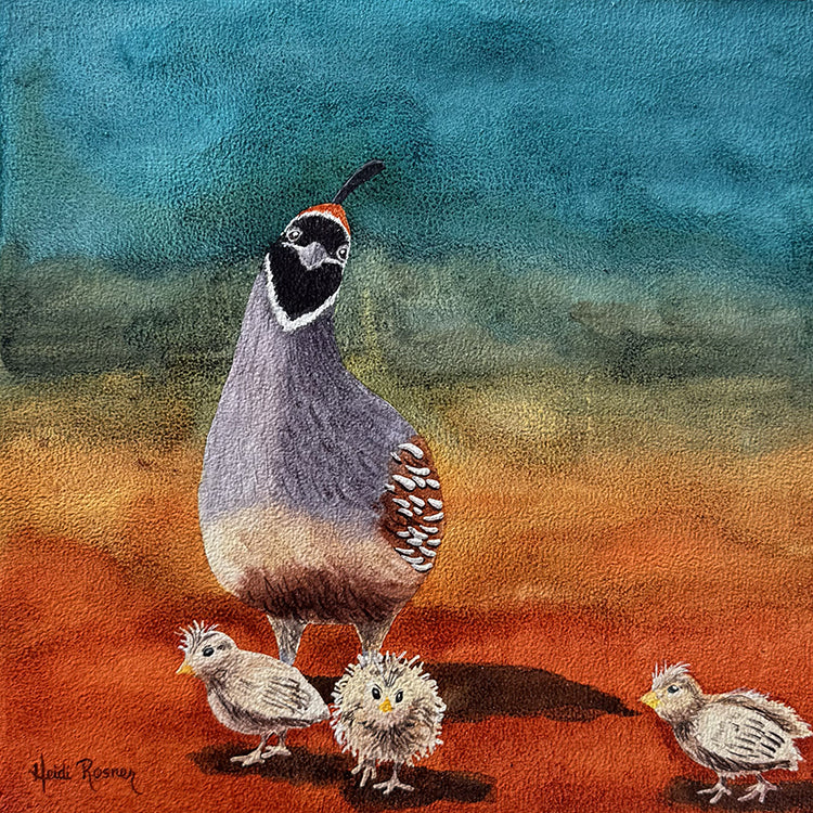 Father's Day is a watercolor painting by Heidi Rosner. It features a male Gambel quail and his chicks. The background is a gradient of blue to orange.