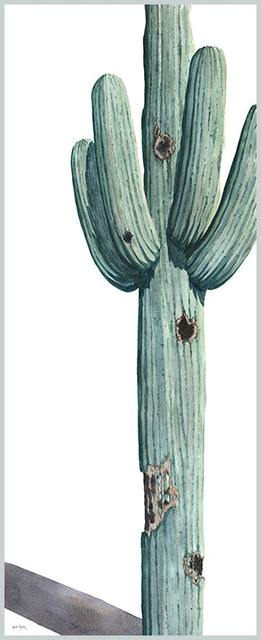 The "Fortitude" water color painting by Heidi Rosner. It features a saguaro cactus with several arms and several holes in its cavity. The cactus casts a long shadow. The background is white.