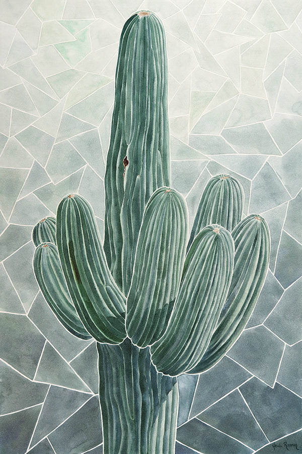 Fragments by Heidi Rosner. It features a saguaro, with each limb outlined in a thick white border, reminiscent of grout. The background is a gradient of forest green to light green, broken up in a mosaic pattern. 