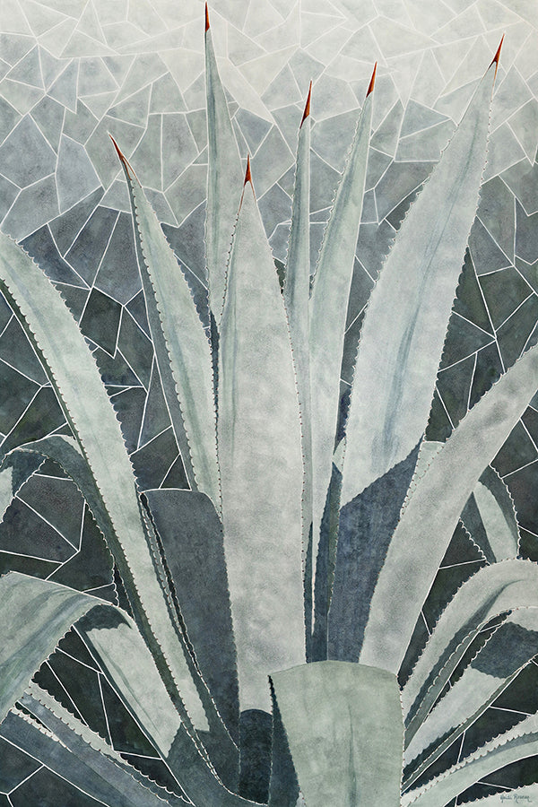 Gradients by Heidi Rosner. It features an agave, with each limb outlined in a thick white border, reminiscent of grout. The background is a gradient of forest green to light green, broken up in a mosaic pattern.