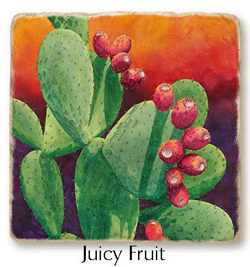 The "Juicy Fruit" coaster or trivet featured flat. The image is a watercolor painting of a fruiting prickly pear. 