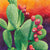 The "Juicy Fruit" watercolor painting by Heidi Rosner. It features a prickly pear cactus with full fruits. The background is a gradient of violet to orange