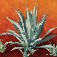 The "La Familia" watercolor painting by Heidi Rosner. It features a group of agaves against an orange watercolor background