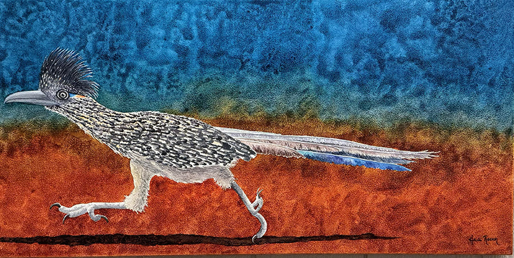Meep! Meep! is a watercolor painting by Heidi Rosner. It features a roadrunner running to the left. The background is a gradient of blue to orange.