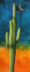 The "Moonlight Saguaro" watercolor painting by Heidi Rosner. It features a mature saguaro against a watercolor painting and a crescent moon