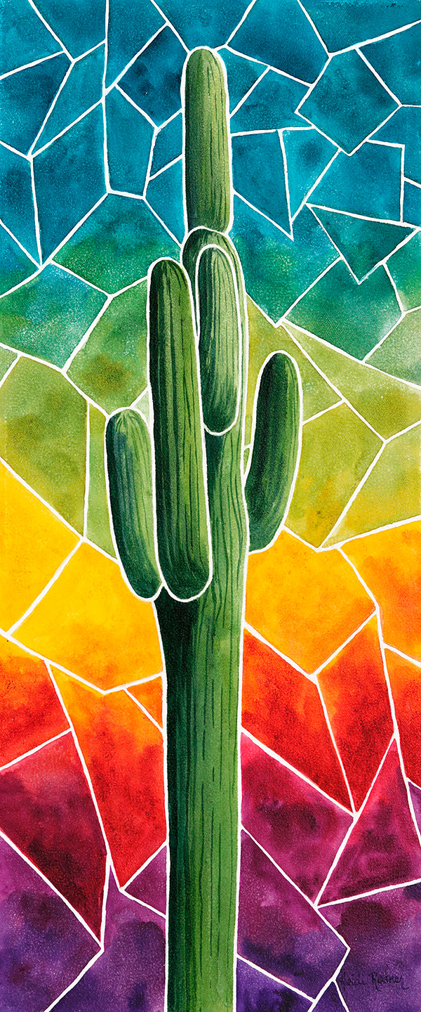 Mosaic 1 is a watercolor painting by Heidi Rosner. It features a saguaro, with each limb outlined in a thick white border, reminiscent of grout. The background is a gradient of purple to yellow to blue, broken up in a mosaic pattern.
