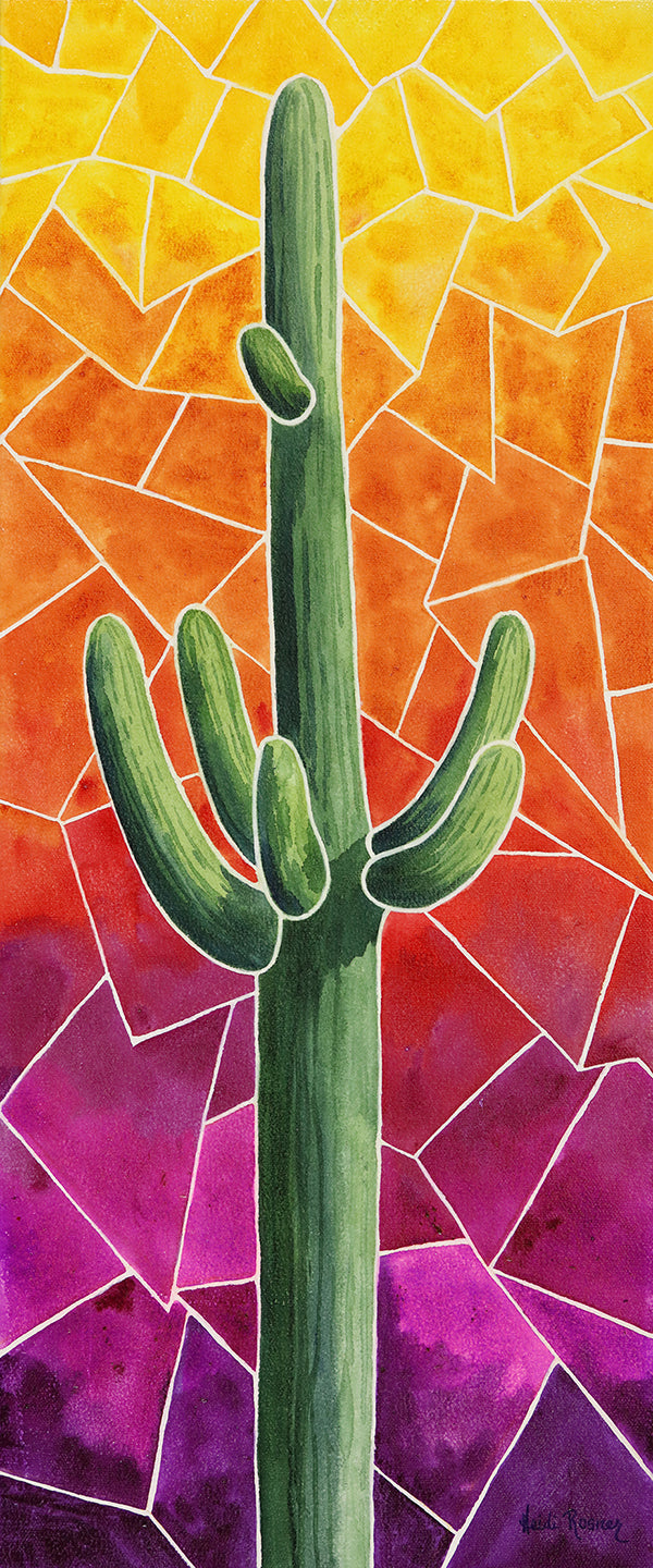 Mosaic 2 is a watercolor painting by Heidi Rosner. It features a saguaro, with each limb outlined in a thick white border, reminiscent of grout. The background is a gradient of purple to yellow, broken up in a mosaic pattern. 