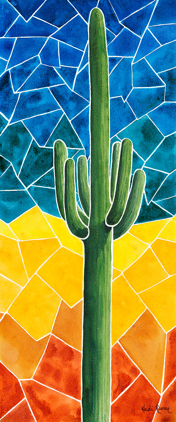 Mosaic 3 is a watercolor painting by Heidi Rosner. It features a saguaro, with each limb outlined in a thick white border, reminiscent of grout. The background is a gradient of red to yellow to blue, broken up in a mosaic pattern.