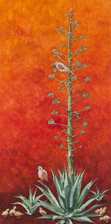 The "Next Generation II" watercolor painting by Heidi Rosner. It depicts an agave plant with a flower stock. Quail are around the plant.