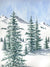 The image from the Pure White notecards set. It features a mountain landscape with trees in the fore and background. Snow is on the ground and the trees.