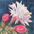 A watercolor painting by Heidi Rosner. It features the top of a cereus cactus with several flower buds. One is in full bloom with a large white flower. The background is a dark blue watercolor pattern. 