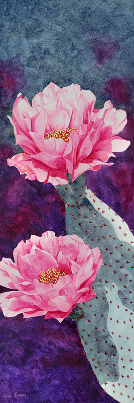 A watercolor painting by Heidi Rosner. It features a blooming purple prickly pear with two large pink flowers. The background is abstract watercolor pattern, colored with purple and dark blue