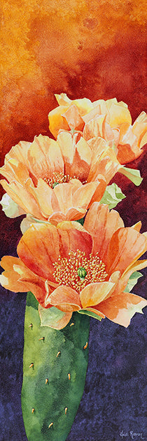 "Reaching for the Sun" is a watercolor painting by Heidi Rosner. The background is a gradient of dark purple to light yellow. The foreground features a prickly pear cactus with three large orange blooms.