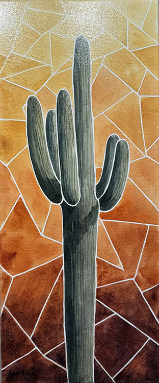 Saguaro Prism II is a watercolor painting by Heidi Rosner. It features a saguaro cactus as the focal point of the piece. The background is a gradient of yellow to brown, broken into mosaic like segments.
