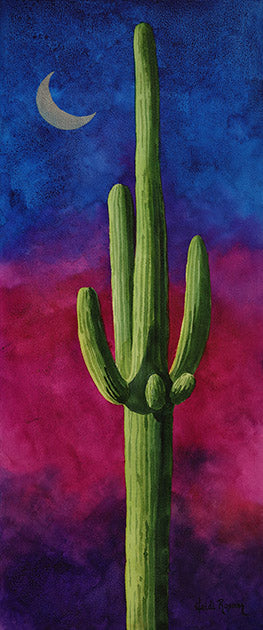 The "Silver Moon Saguaro" watercolor giclee by Heidi Rosner. It features a mature saguaro against a gradient watercolor background (blue to magenta to purple) and a solver crescent moon in the upper lefthand corner