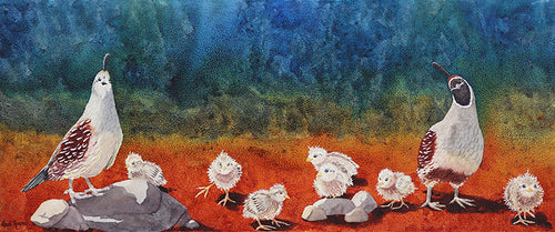 "Start 'Em Young" is a watercolor painting by Heidi Rosner. It features a Quail family, with mother, father, and offspring. The background is a watercolor gradient of rich orange to deep blue.