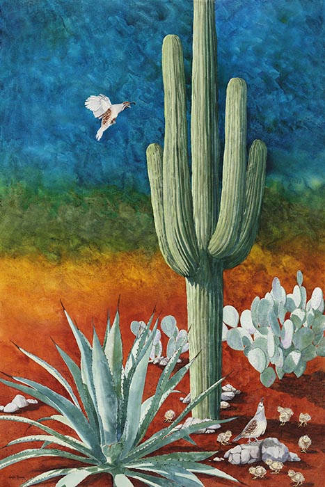The "Stick The Landing" watercolor painting by Heidi Rosner. It features a saguaro, an agave, and several prickly pear plants. There is a family of quail among the plants.