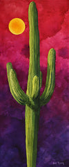 The "Sunny Saguaro" watercolor giclee by Heidi Rosner. It features a mature saguaro against a gradient watercolor background (red to purple) and a yellow sun.