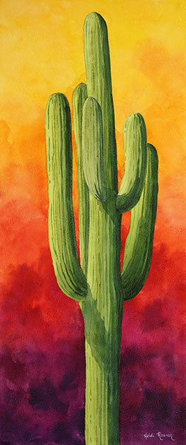 The "Sunset Saguaro" watercolor giclee by Heidi Rosner. It features a mature saguaro against a gradient watercolor background (yellow to purple)