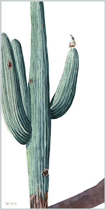 "The Watchtower" is a watercolor painting by Heidi Rosner. It features a saguaro cactus with 3 prominent arms. A Gambel quail sits atop on of the arms. The plant casts a long shadow. The background is white.