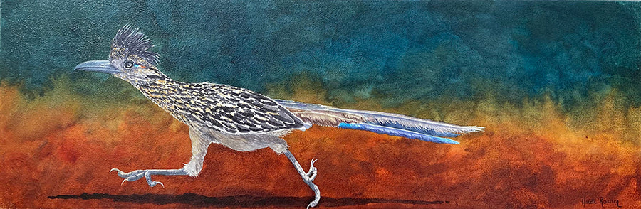 The "Catch Me If You Can" watercolor painting by Heidi Rosner. It features a roadrunner against a watercolor background