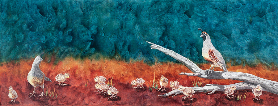 The watercolor painting Branch Manager. The painting features a quail family near a fallen tree branch