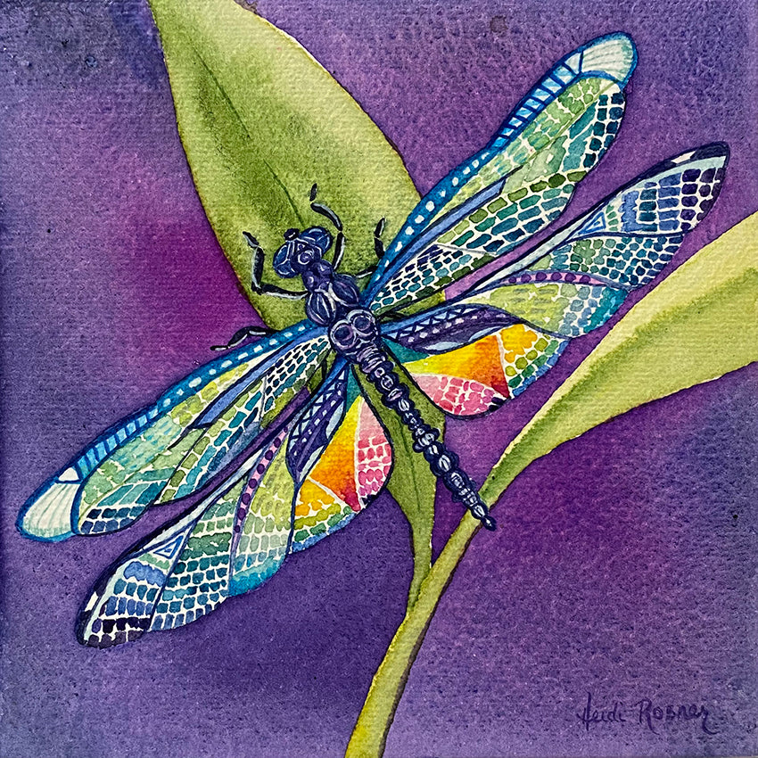 The watercolor painting Dragonfly. The painting features a dragonfly on a leaf.