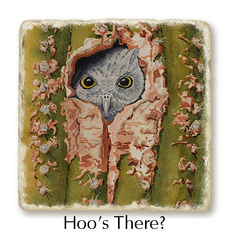 A closeup of the Hoo's There? trivet