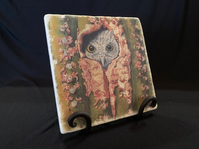 Hoo's There? trivet on an iron stand