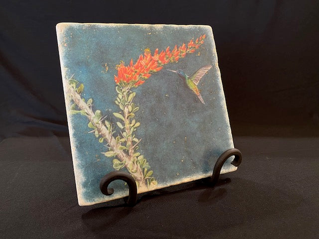 Ocotillo Hummer trivet on an iron stand