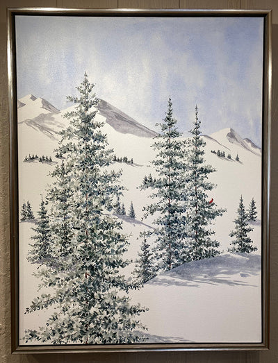 Pure White watercolor painting by Heidi Rosner, featuring a winter landscape, shown framed here